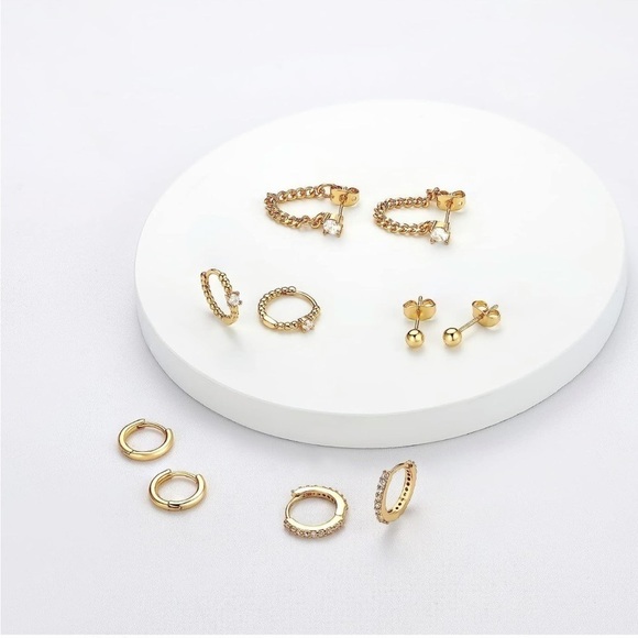 GOLD 14k Gold Plated Hoop Stud 4 Pairs Earring Set - Picture 2 of 2